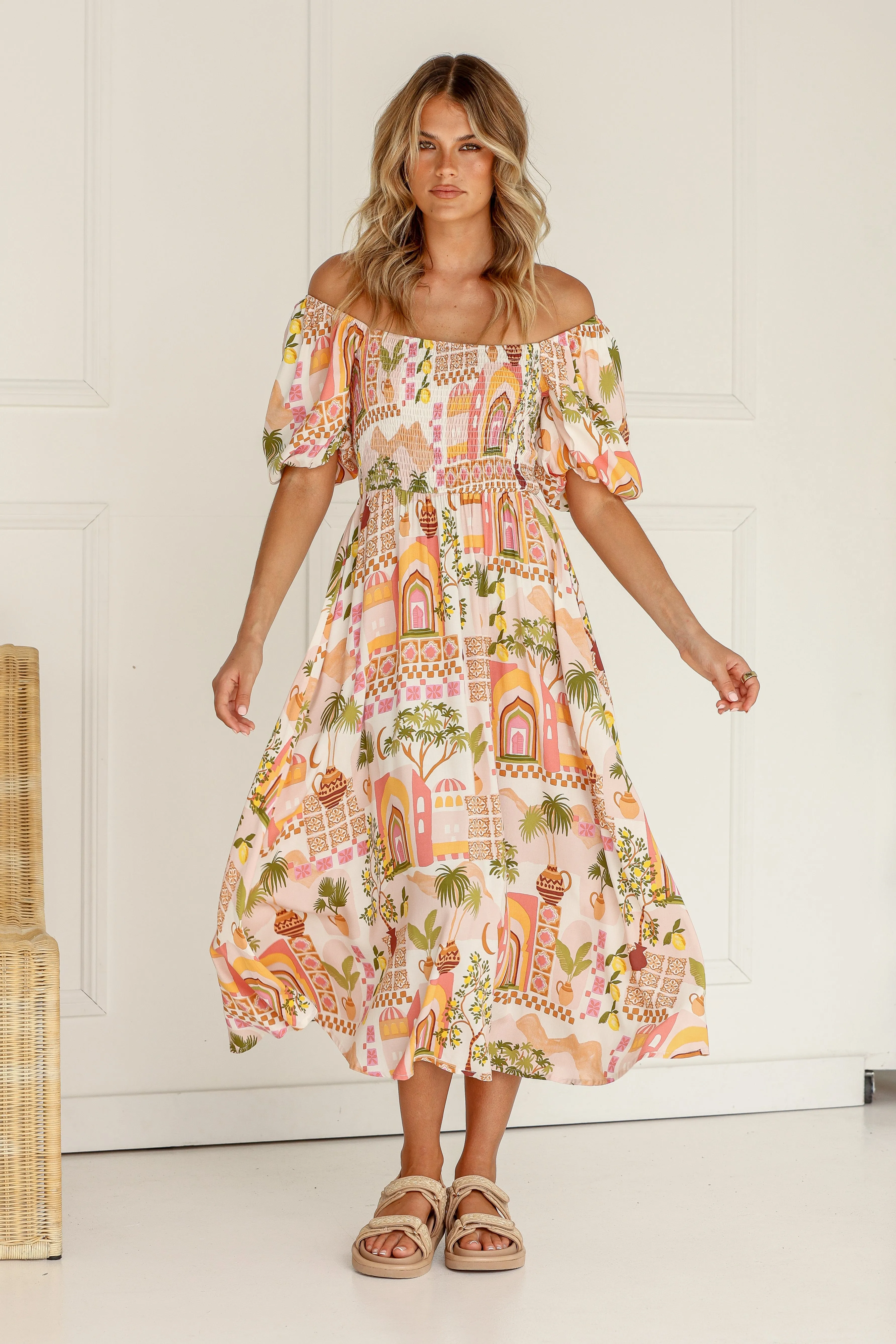 Moroccan Door Shirred Midi Dress