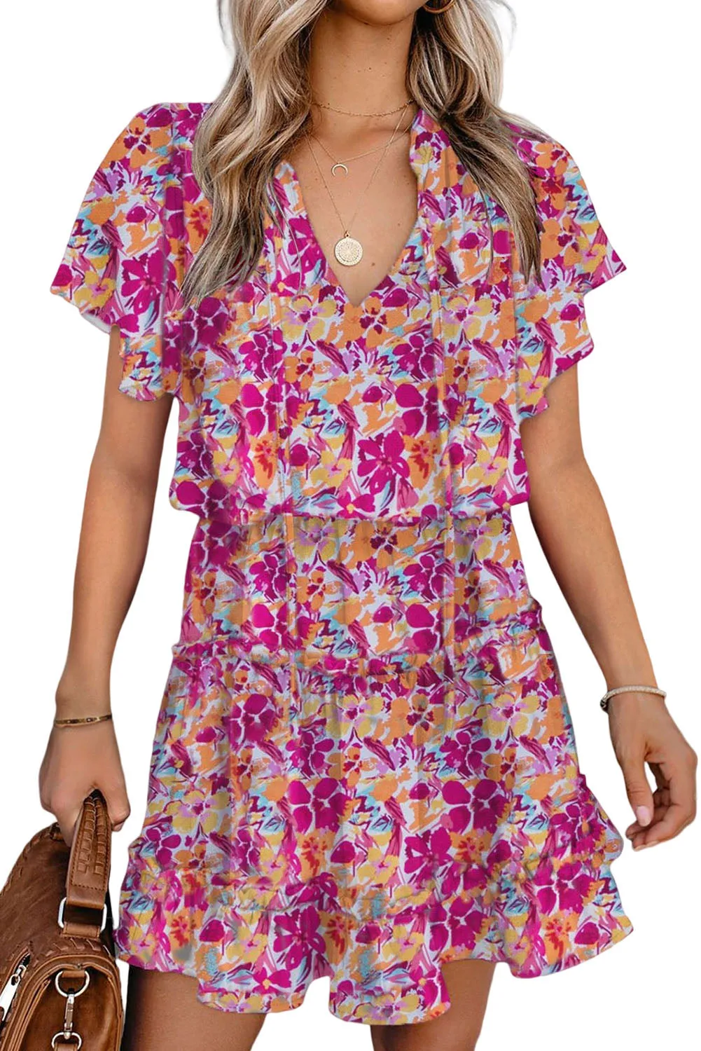 Multicolor Floral Print Tie V Neck Ruffle Mini Dress