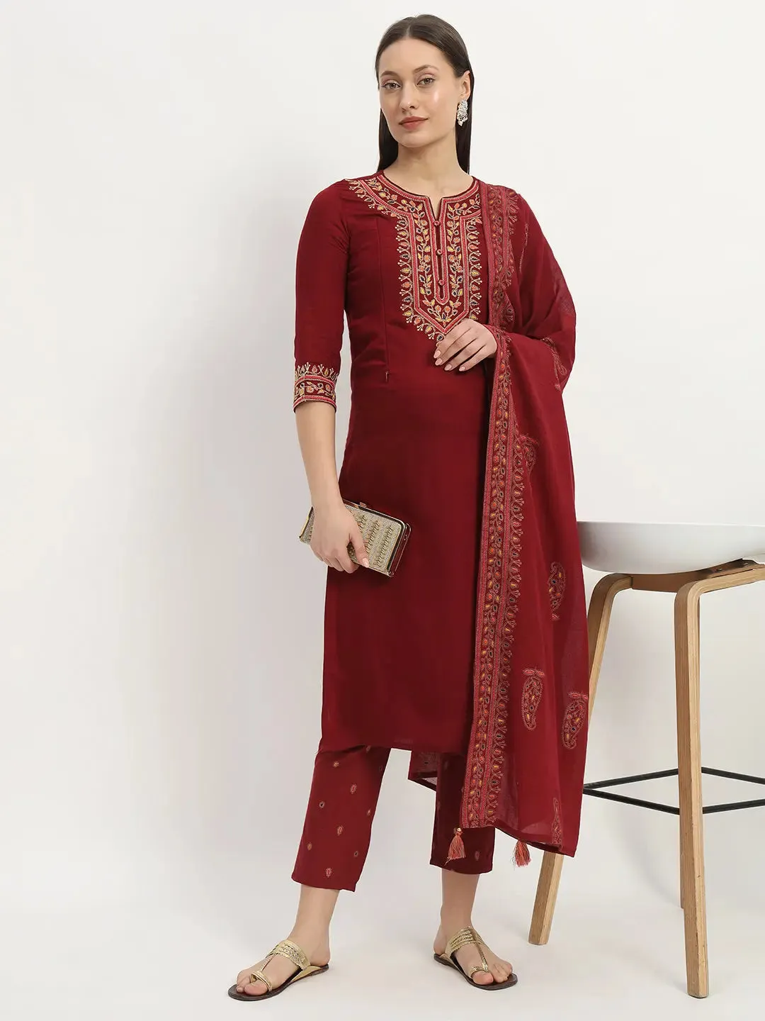 MUMZHUG Embroided  Straight Kurta & Rayon Pant & Malmal Dupatta For Maternity & Feeding Purpose