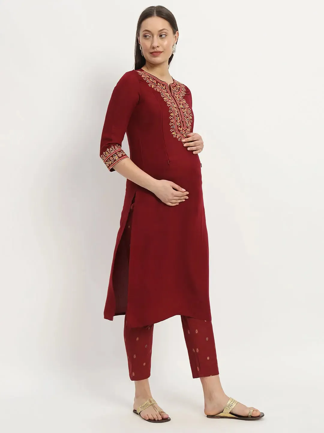 MUMZHUG Embroided  Straight Kurta & Rayon Pant & Malmal Dupatta For Maternity & Feeding Purpose