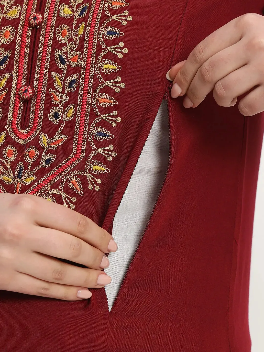 MUMZHUG Embroided  Straight Kurta & Rayon Pant & Malmal Dupatta For Maternity & Feeding Purpose