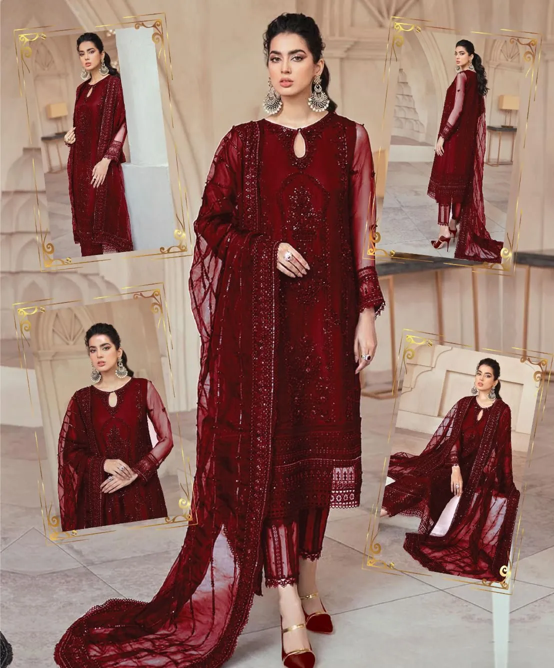 Mushq Maroon Formal AL-23 Unstitched 3 Pieces With Hand Work
