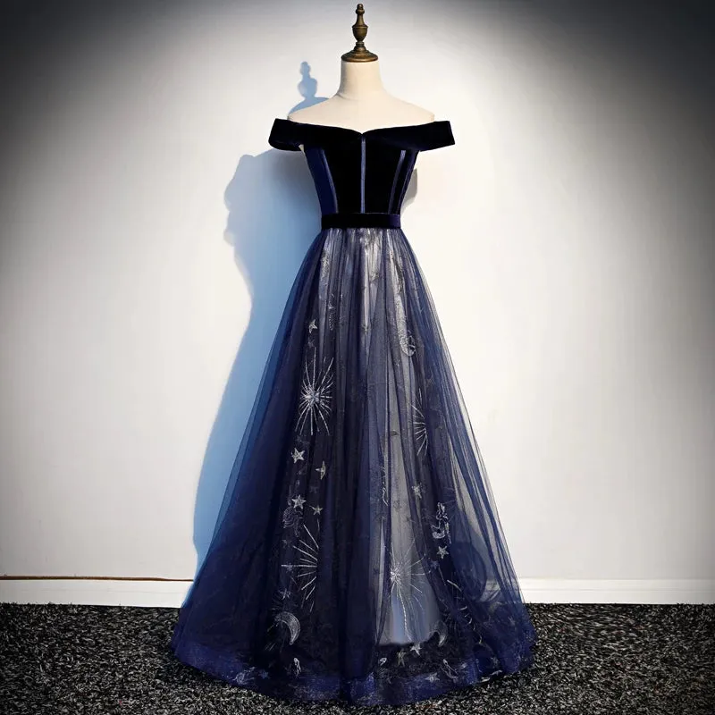 Navy Blue Floral Off Shoulder Velvet and Tulle Prom Dresses, Blue Party Dresses Formal Dresses