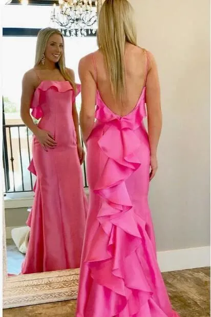 Navy Blue Satin Prom Dresses With Ruffles Spaghetti Straps Long Formal Gown