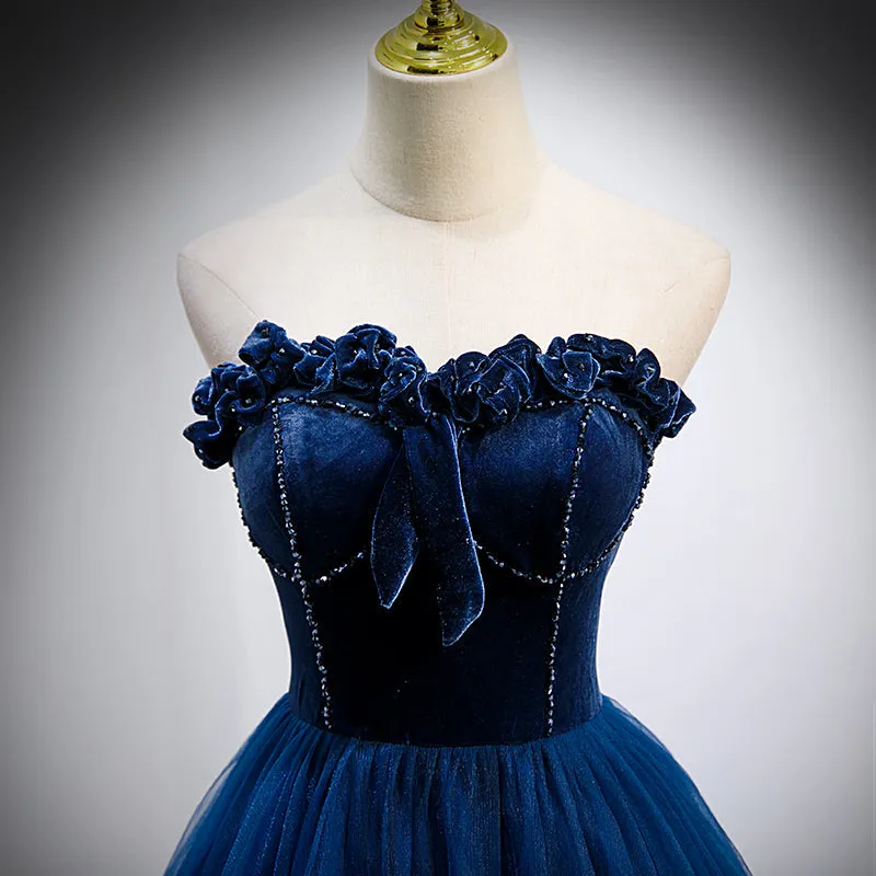 Navy Blue Velvet Top and Tulle Long Formal Dresses, Blue Sweetheart Prom Dresses