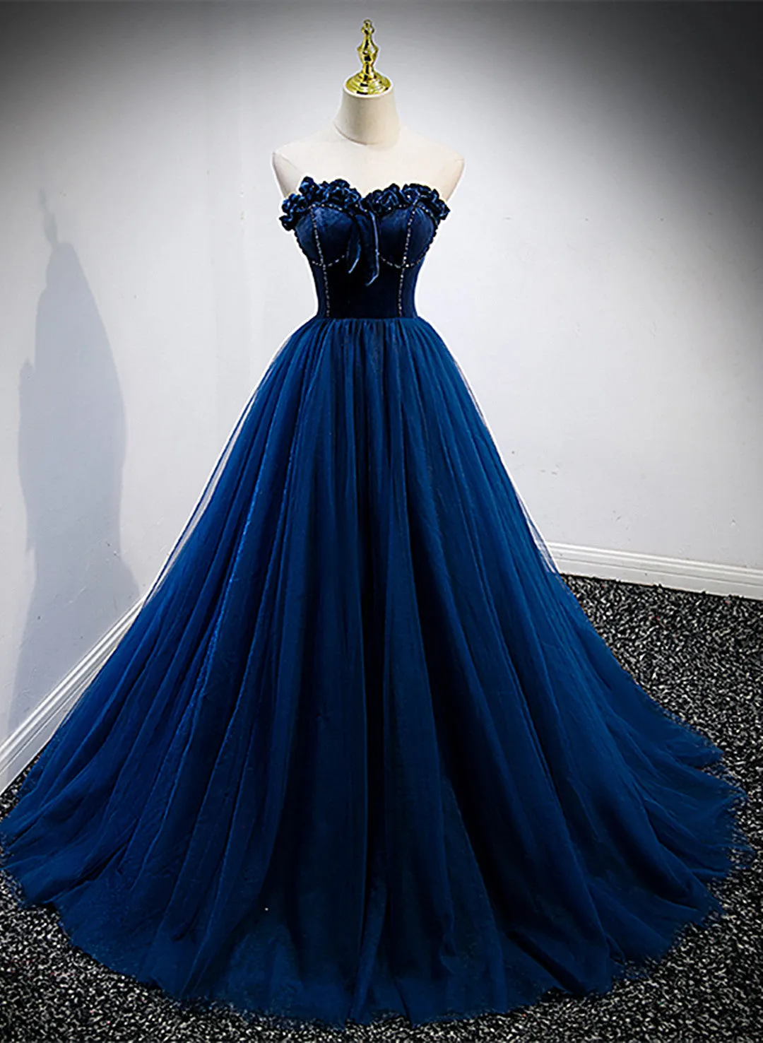 Navy Blue Velvet Top and Tulle Long Formal Dresses, Blue Sweetheart Prom Dresses