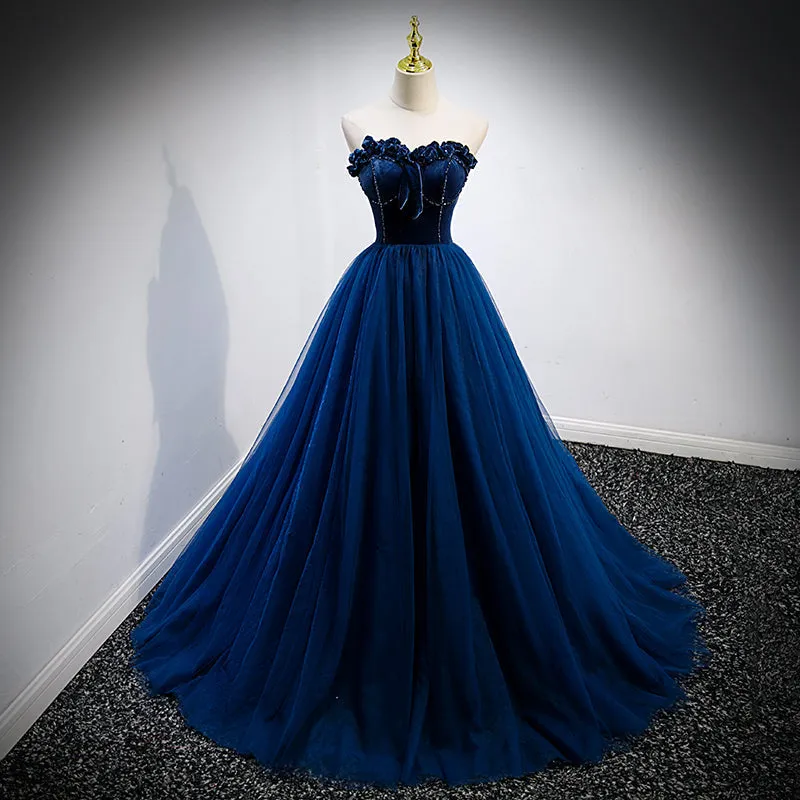 Navy Blue Velvet Top and Tulle Long Formal Dresses, Blue Sweetheart Prom Dresses