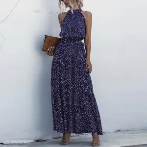 Navy Blue Wave Bohemian Boho Printed Hanging Neck Straps Maxi Dresses