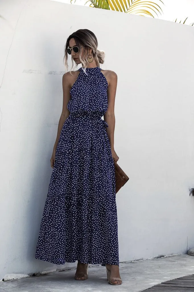 Navy Blue Wave Bohemian Boho Printed Hanging Neck Straps Maxi Dresses