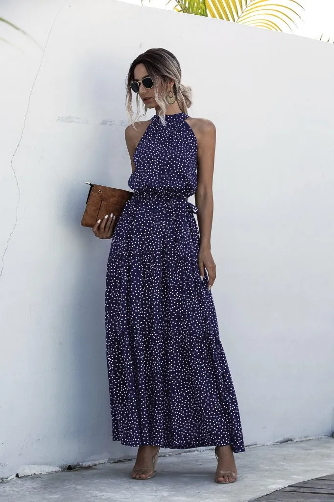 Navy Blue Wave Bohemian Boho Printed Hanging Neck Straps Maxi Dresses