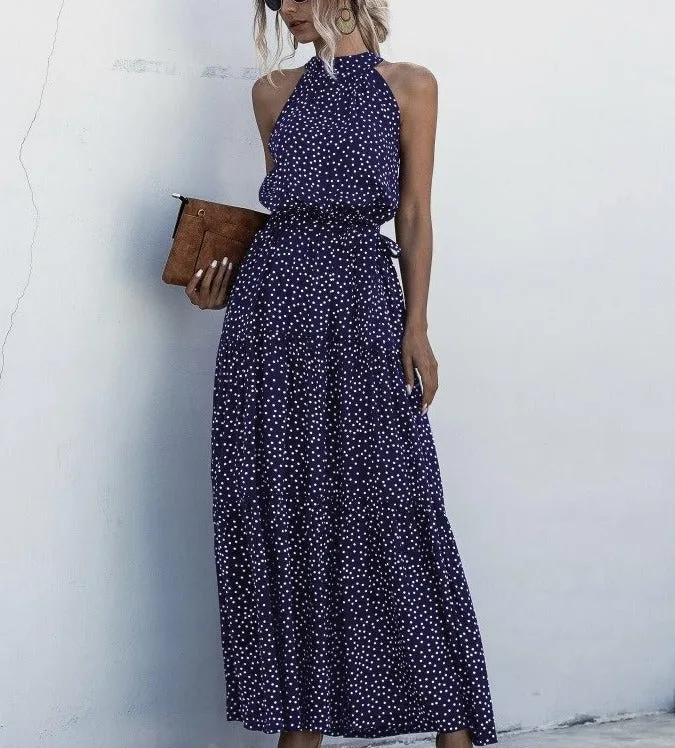 Navy Blue Wave Bohemian Boho Printed Hanging Neck Straps Maxi Dresses