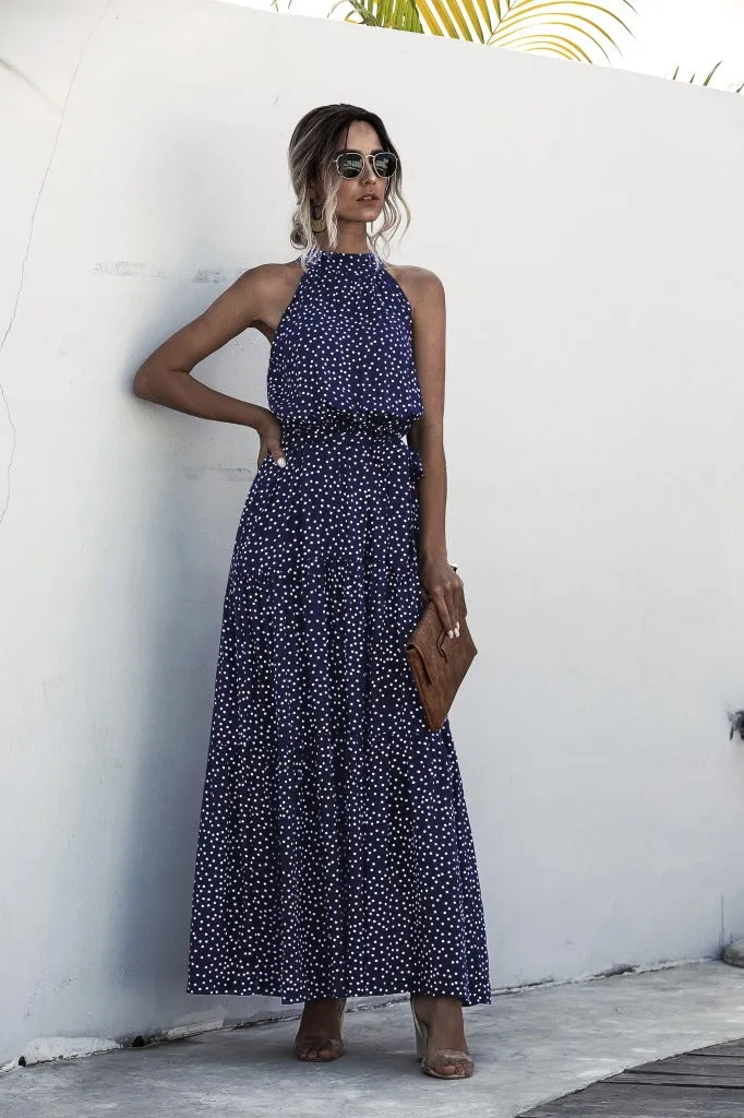 Navy Blue Wave Bohemian Boho Printed Hanging Neck Straps Maxi Dresses