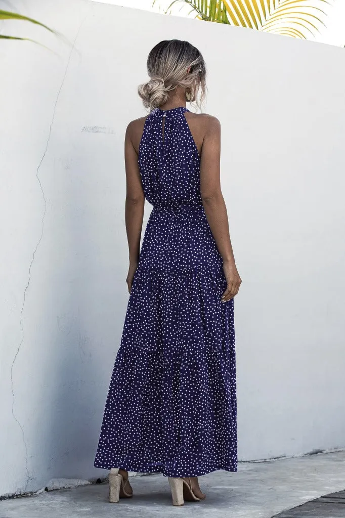 Navy Blue Wave Bohemian Boho Printed Hanging Neck Straps Maxi Dresses