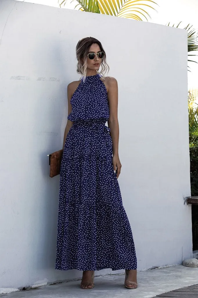Navy Blue Wave Bohemian Boho Printed Hanging Neck Straps Maxi Dresses