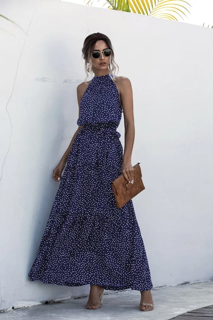 Navy Blue Wave Bohemian Boho Printed Hanging Neck Straps Maxi Dresses