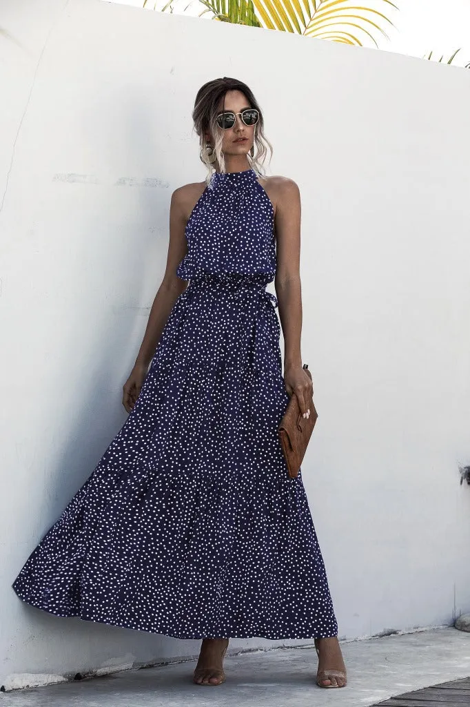 Navy Blue Wave Bohemian Boho Printed Hanging Neck Straps Maxi Dresses