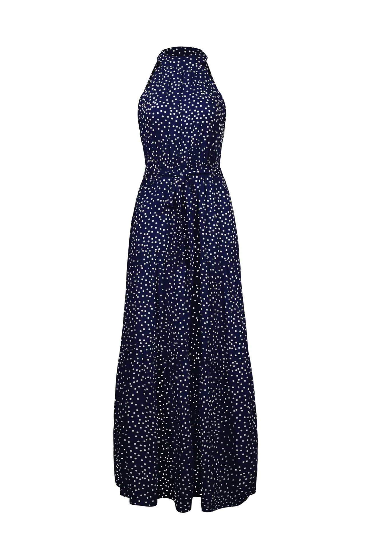Navy Blue Wave Bohemian Boho Printed Hanging Neck Straps Maxi Dresses