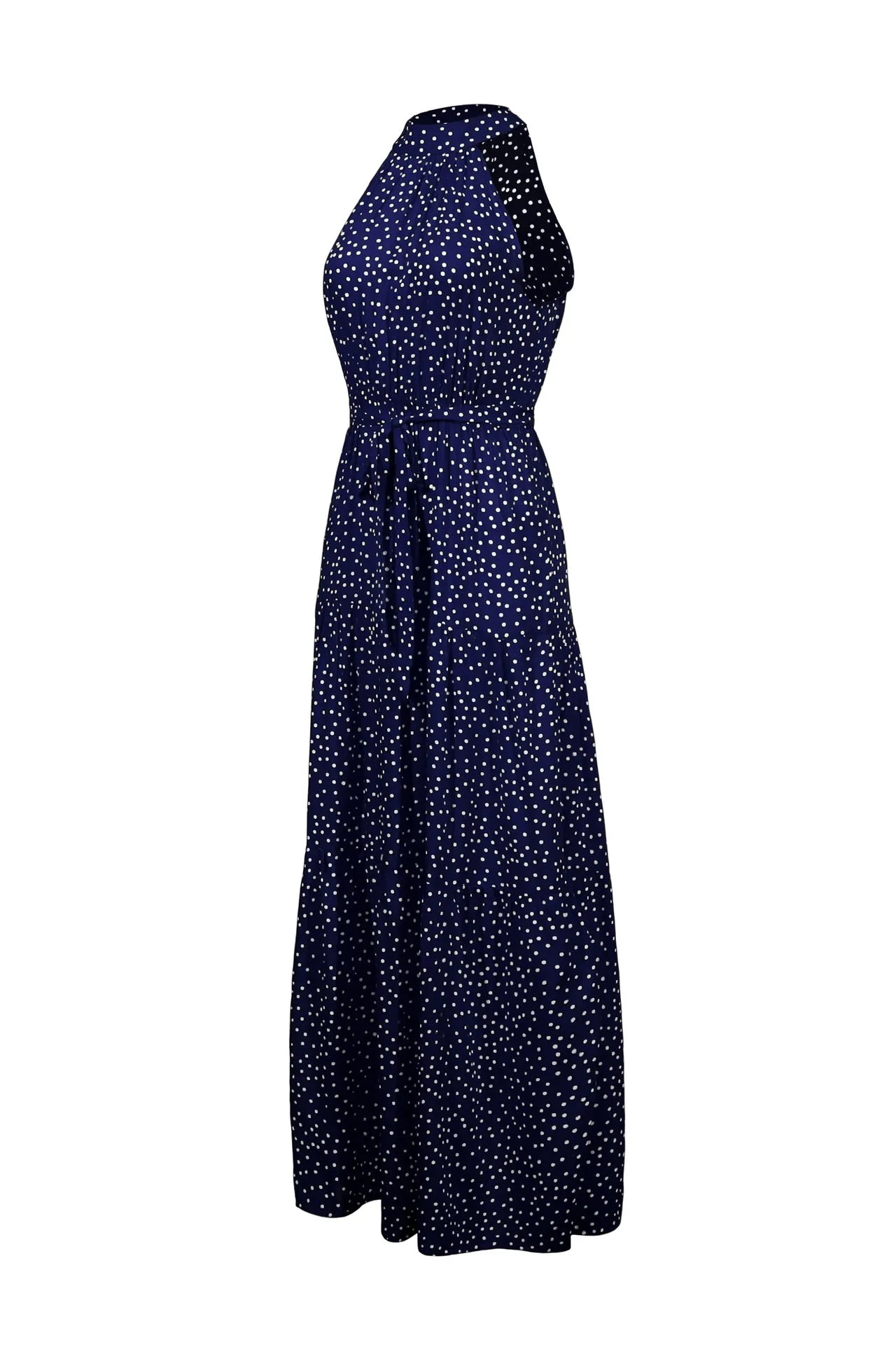Navy Blue Wave Bohemian Boho Printed Hanging Neck Straps Maxi Dresses