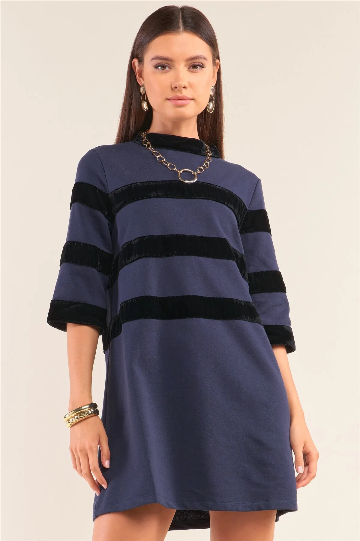 Navy Contrast Velvet Round Neck Open Back Self-tie Keyhole 3/4 Sleeve Mini Dress