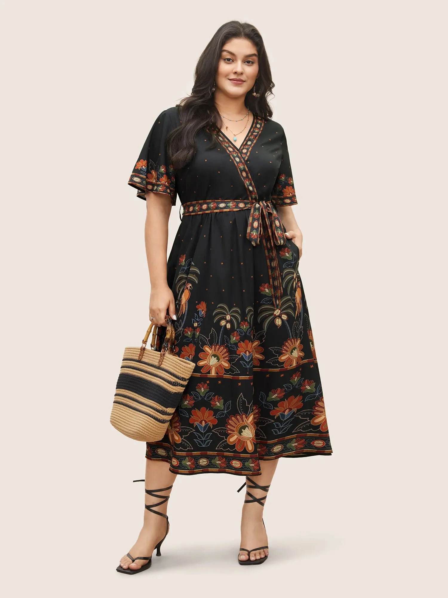 NEW Bloomchic Black Bandana Print Surplice Neck Flutter Sleeve Dress Sz 14/16