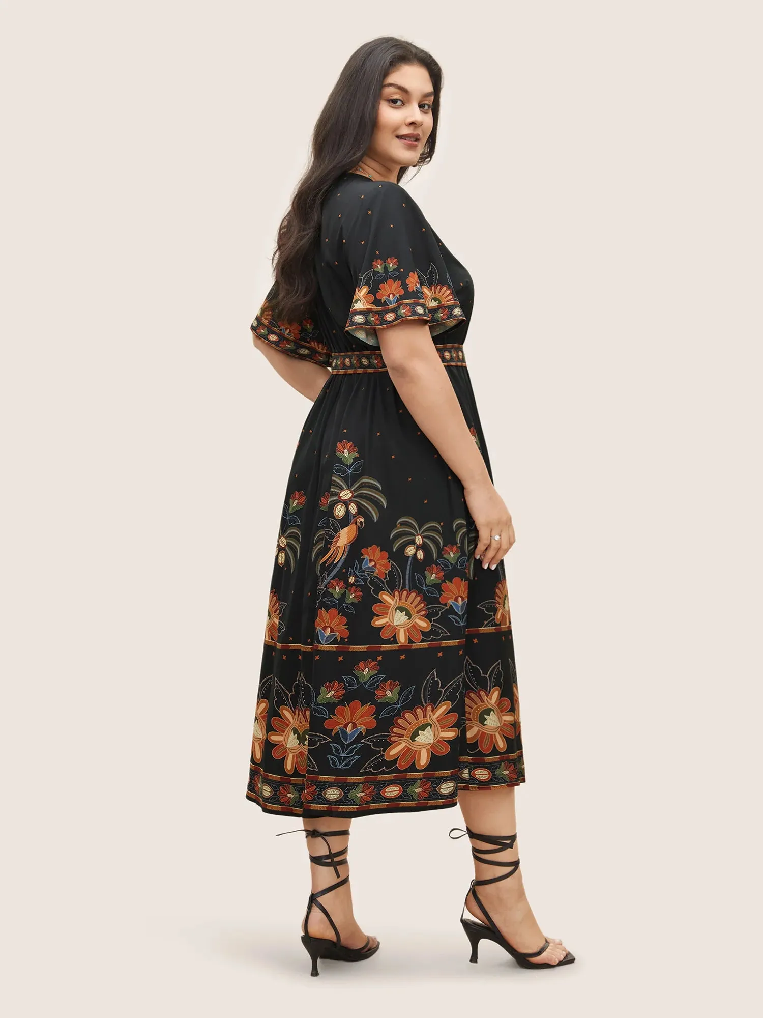 NEW Bloomchic Black Bandana Print Surplice Neck Flutter Sleeve Dress Sz 14/16