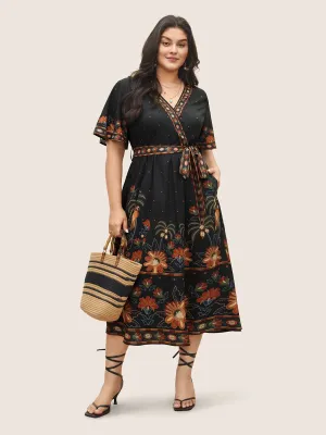 NEW Bloomchic Black Bandana Print Surplice Neck Flutter Sleeve Dress Sz 14/16
