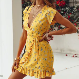 New Fashion Bohemian Style Women Summer Casual Short Sleeve V Neck Bandage Bodycon Yellow Evening Party Print Short Mini Dress