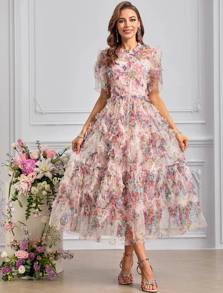 Noor Bohemian Floral Print Net Yarn Cascading Ruffle Sexy Dress