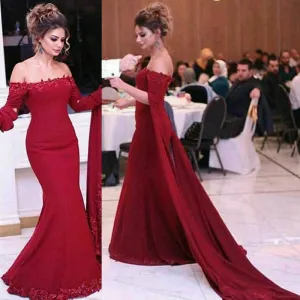 Off-shoulder Lace Burgundy Prom Dresses Appliques Mermaid Gowns