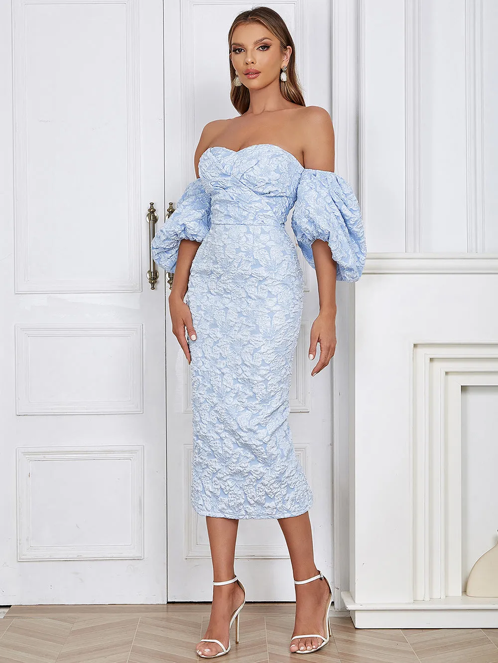Off Shoulder Pleated Midi Backless Bodycon Dress