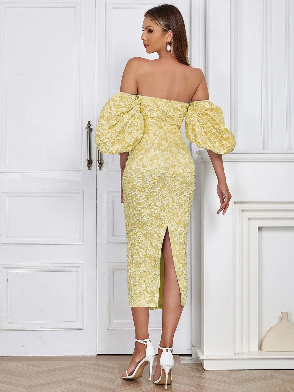 Off Shoulder Pleated Midi Backless Bodycon Dress
