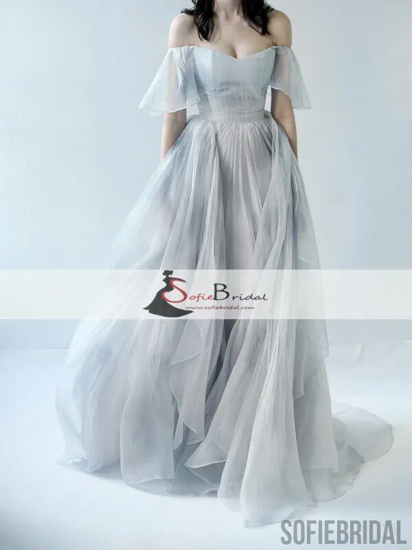 Off Shoulder Short Sleeve A-line Printed Chiffon Prom Dresses, Unique Prom Dresses, PD0462