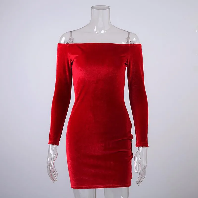 Off Shoulder Wine Red Sheath Velvet Dress Women Winter Party Long Sleeve Elegant Pencil Bodycon Ladies Dress Vestidos