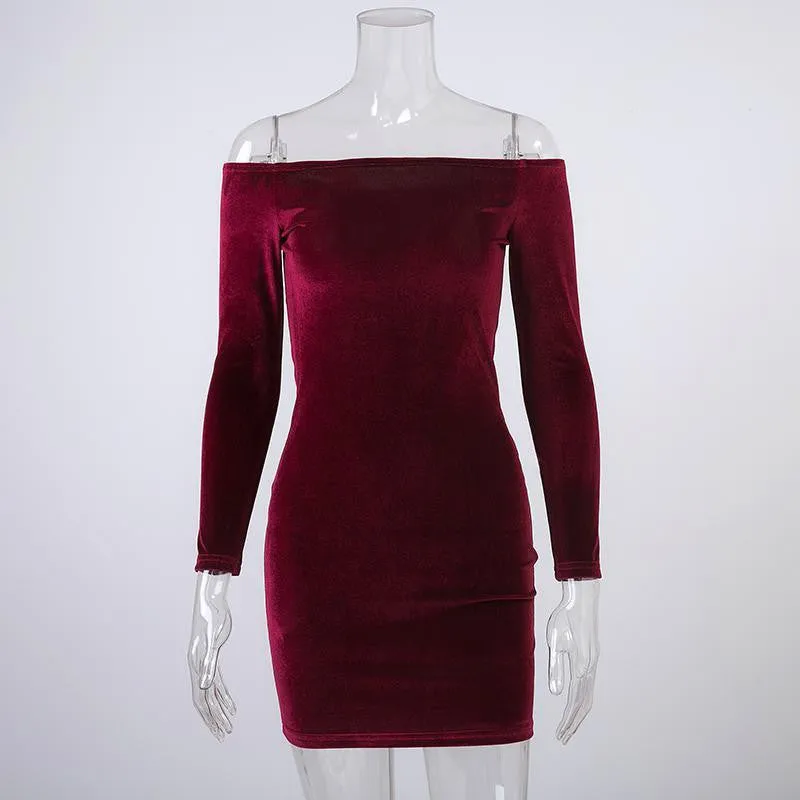 Off Shoulder Wine Red Sheath Velvet Dress Women Winter Party Long Sleeve Elegant Pencil Bodycon Ladies Dress Vestidos