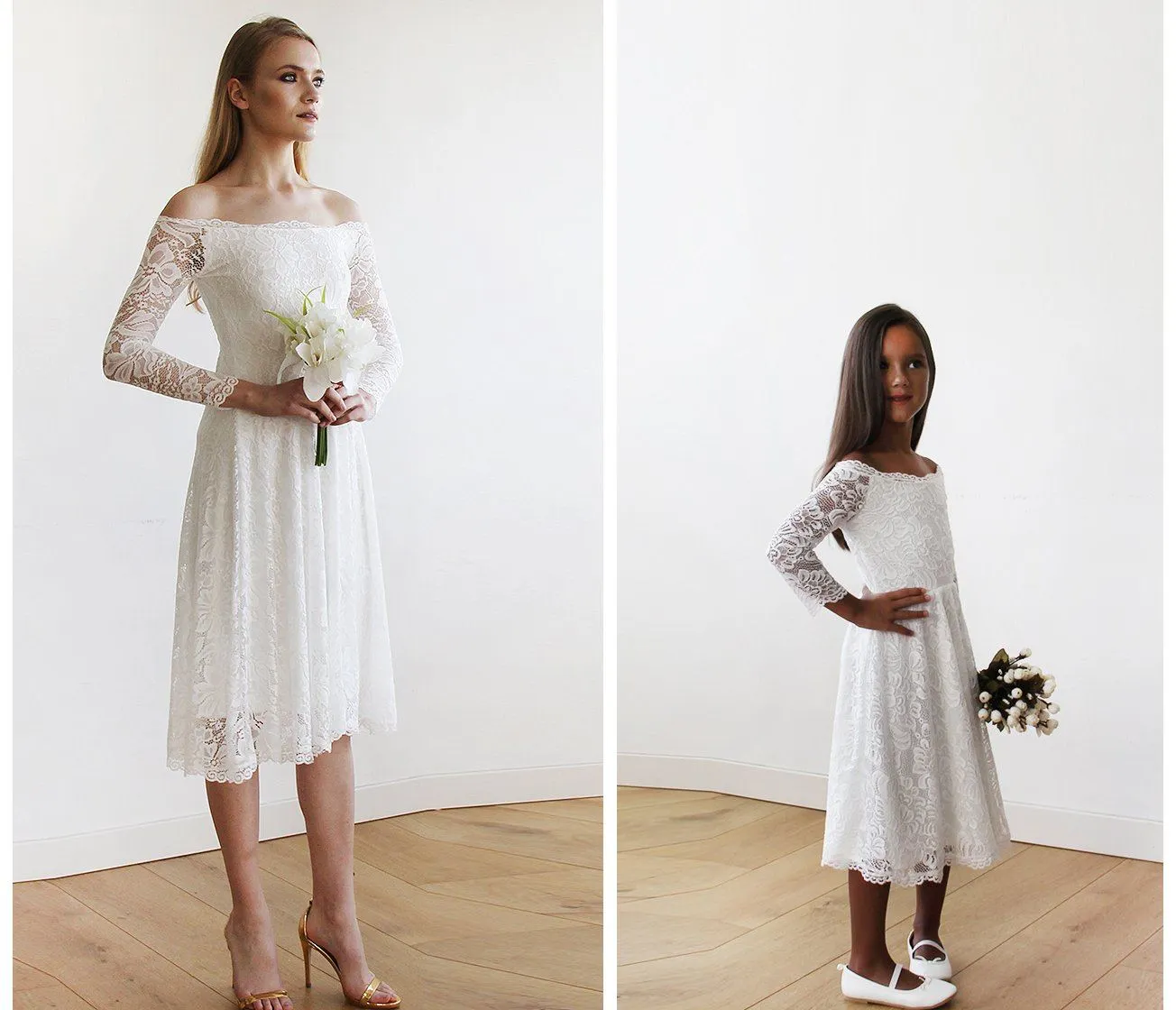 Off-The-Shoulder Ivory Lace Midi Girls Dress 5042