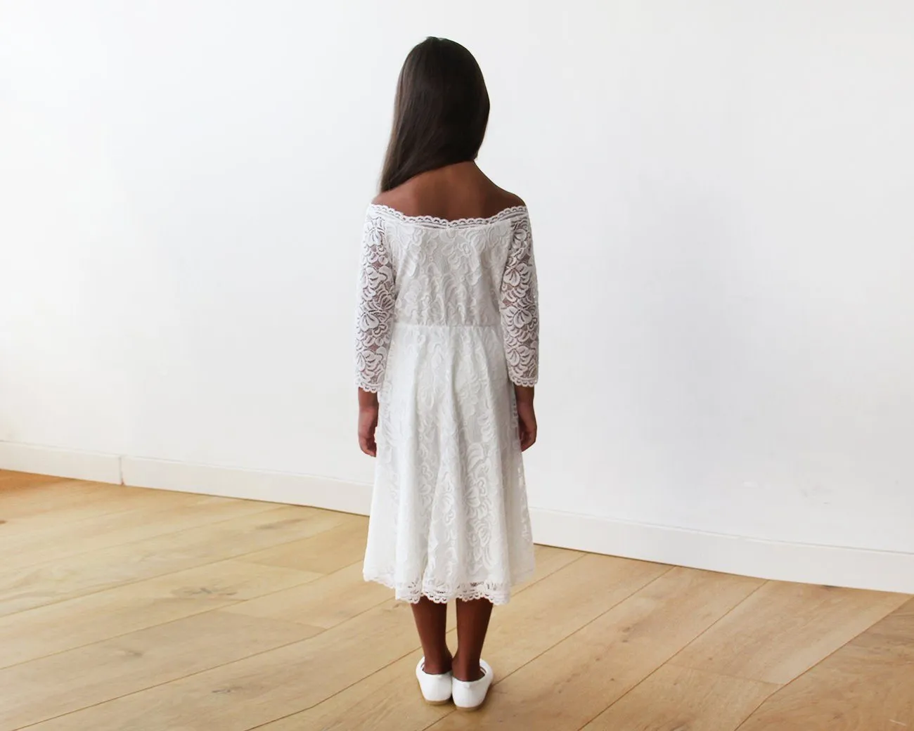 Off-The-Shoulder Ivory Lace Midi Girls Dress 5042