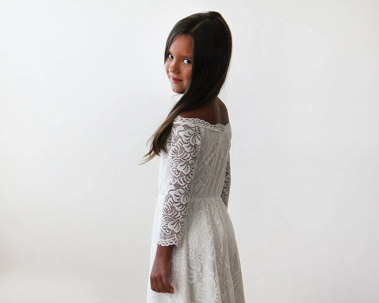 Off-The-Shoulder Ivory Lace Midi Girls Dress 5042