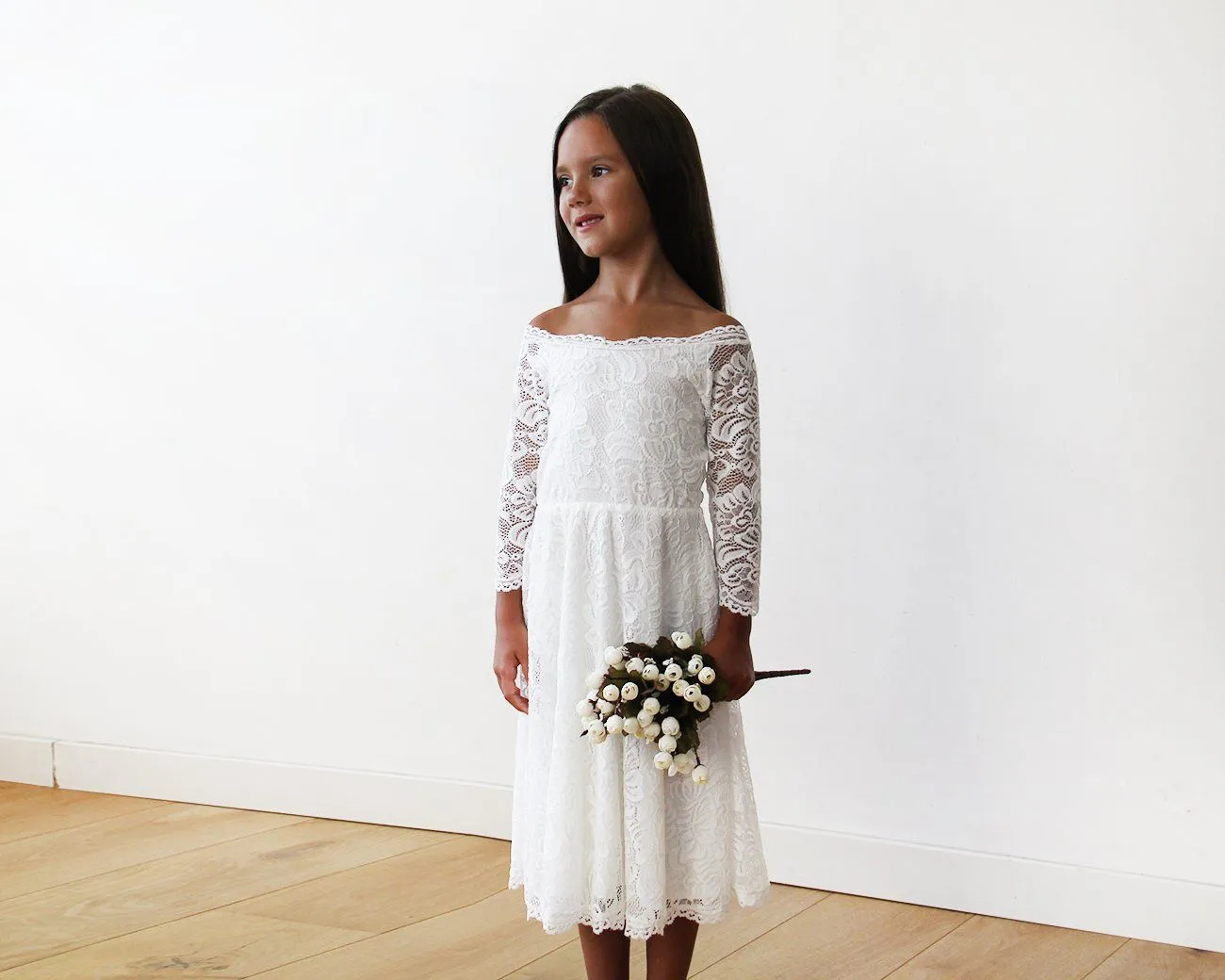 Off-The-Shoulder Ivory Lace Midi Girls Dress 5042