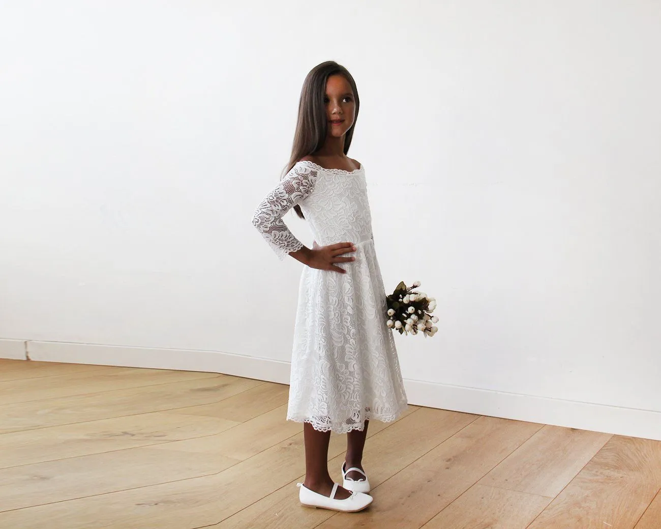 Off-The-Shoulder Ivory Lace Midi Girls Dress 5042