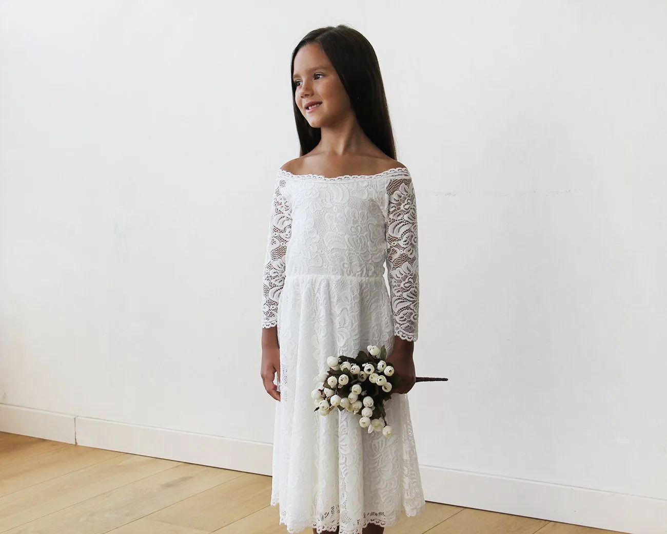 Off-The-Shoulder Ivory Lace Midi Girls Dress 5042