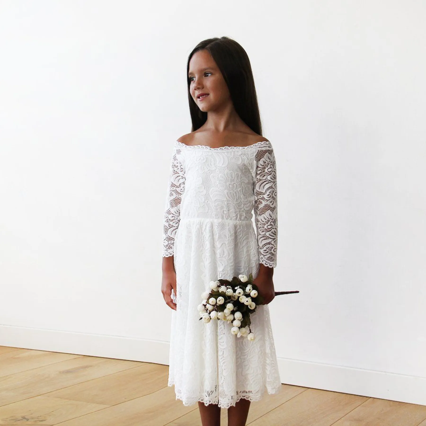 Off-The-Shoulder Ivory Lace Midi Girls Dress 5042