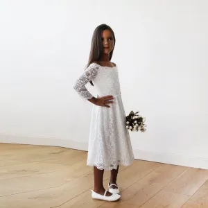 Off-The-Shoulder Ivory Lace Midi Girls Dress 5042
