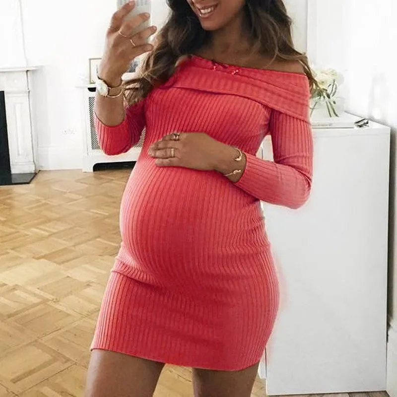 Off the Shoulder Knit Style Long Sleeve Maternity Dress