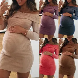Off the Shoulder Knit Style Long Sleeve Maternity Dress