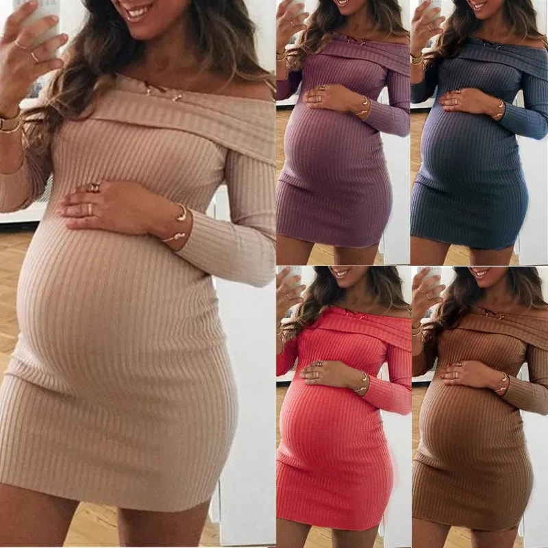Off the Shoulder Knit Style Long Sleeve Maternity Dress