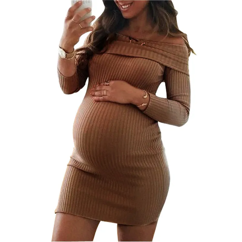 Off the Shoulder Knit Style Long Sleeve Maternity Dress