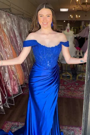 Off the Shoulder Lace Bone Royal Blue Prom Dresses UK with Ruffles