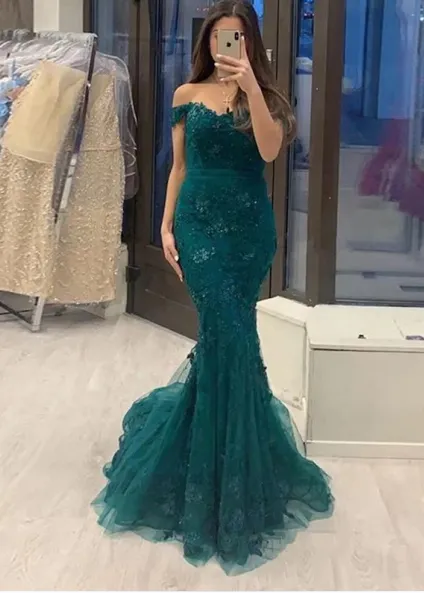 Off The Shoulder Prom Dresses 2024 Green Mermaid Lace Evening Dress Detachable Train