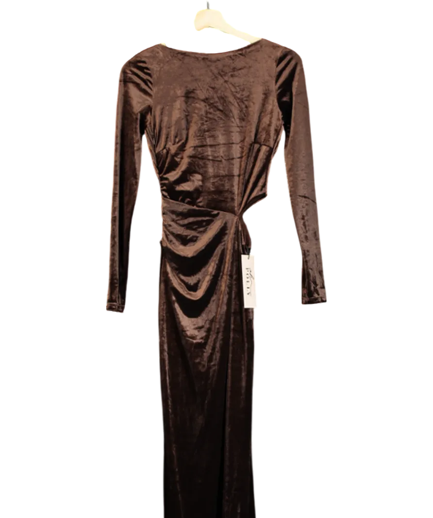 Oh Polly Velvet Long Sleeve Maxi Dress In Chocolate Brown UK 6
