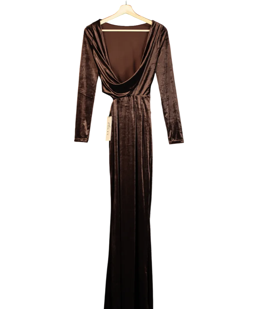 Oh Polly Velvet Long Sleeve Maxi Dress In Chocolate Brown UK 6